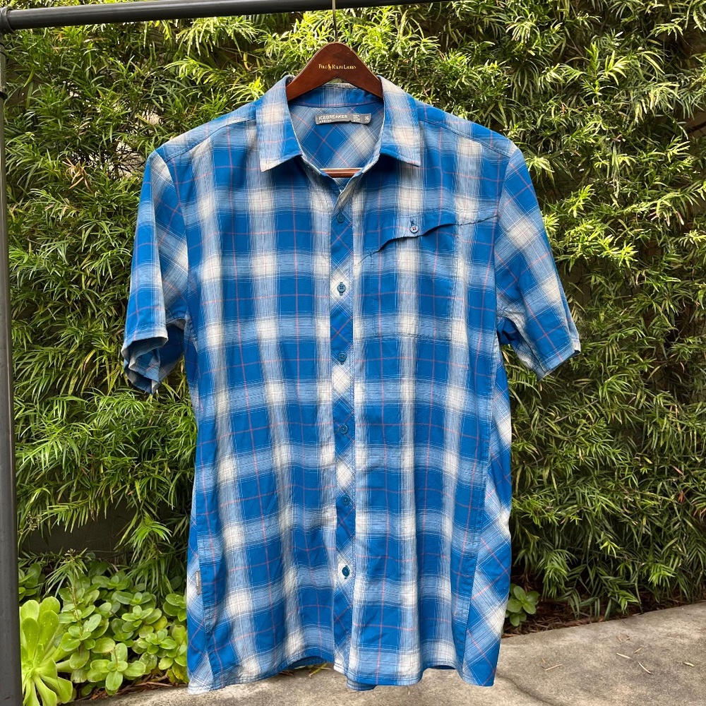 Icebreaker Men's XL Wool Short Sleeve Button Up Plaid Shirt